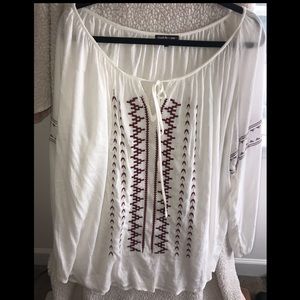 White Flowy Long Sleeve With Red Stitching Designs